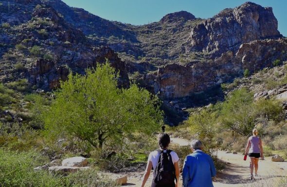 Hikers walking up a trail toward mountains